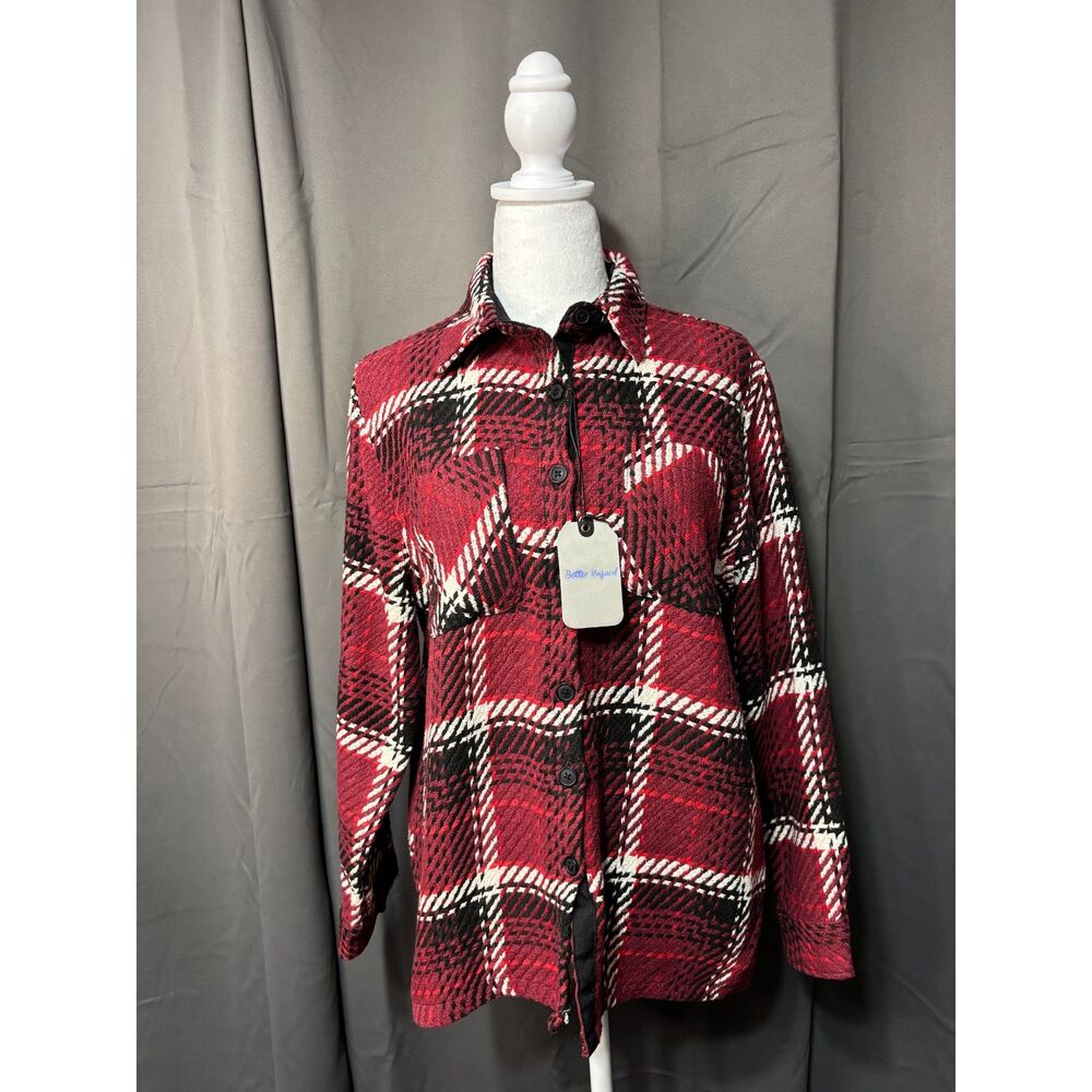 Better Unsaid Plaid Shirt Jacket Red Black XS Button Front Shacket Cozy Chic